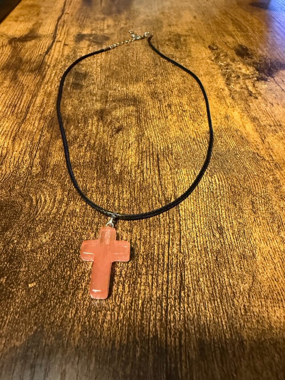 🌸 Translucent Pink Glass Cross Pendant Necklace: Polished Pastel & Black Cord